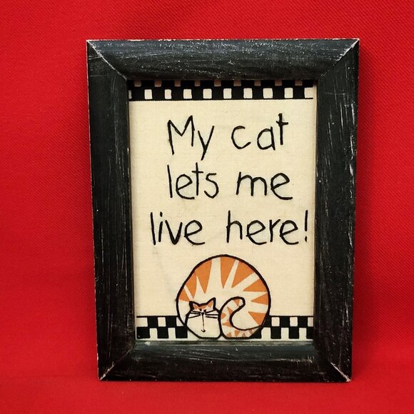 Distressed Framed Art Embroidered My Cat Lets Me Live Here - Picture 1 of 10